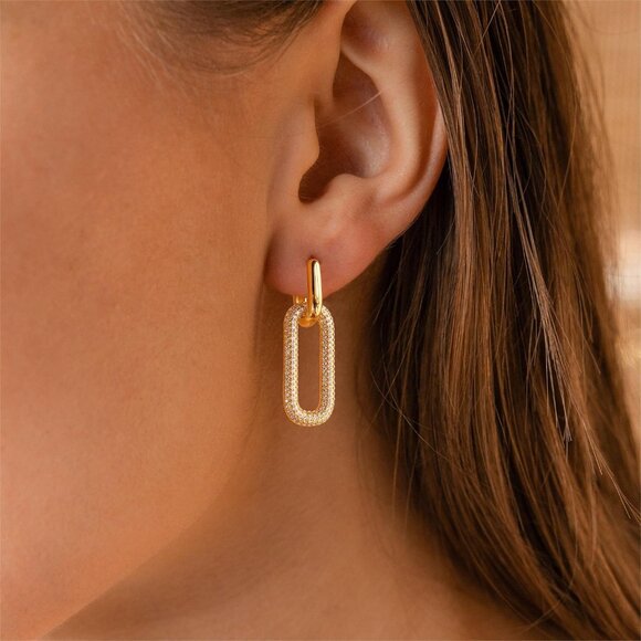 Women's Trendy Simple Dainty 14K Gold Plated Paperclip Square Hoops Earrings - Picture 2 of 7